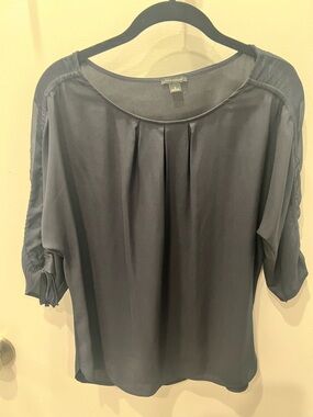 Ann Taylor Navy Satin Pleated Blouse with Tie-Accent Sleeves